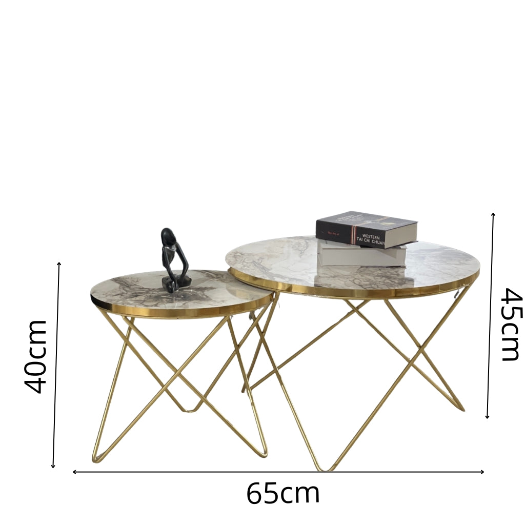 Lot de 2 Tables Basses Lacroix : Marbre & Doré